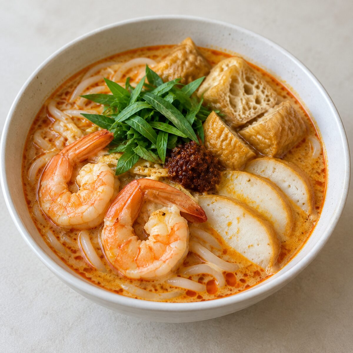 Laksa: rice noodles in coconut curry broth with prawns, fish cake and tau pok