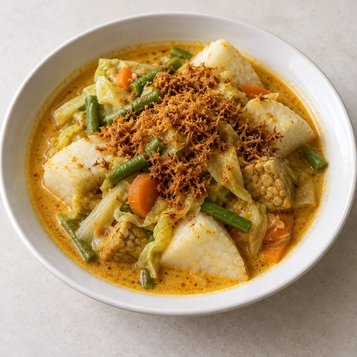 Lontong: rice cakes in coconut vegetable curry with serunding