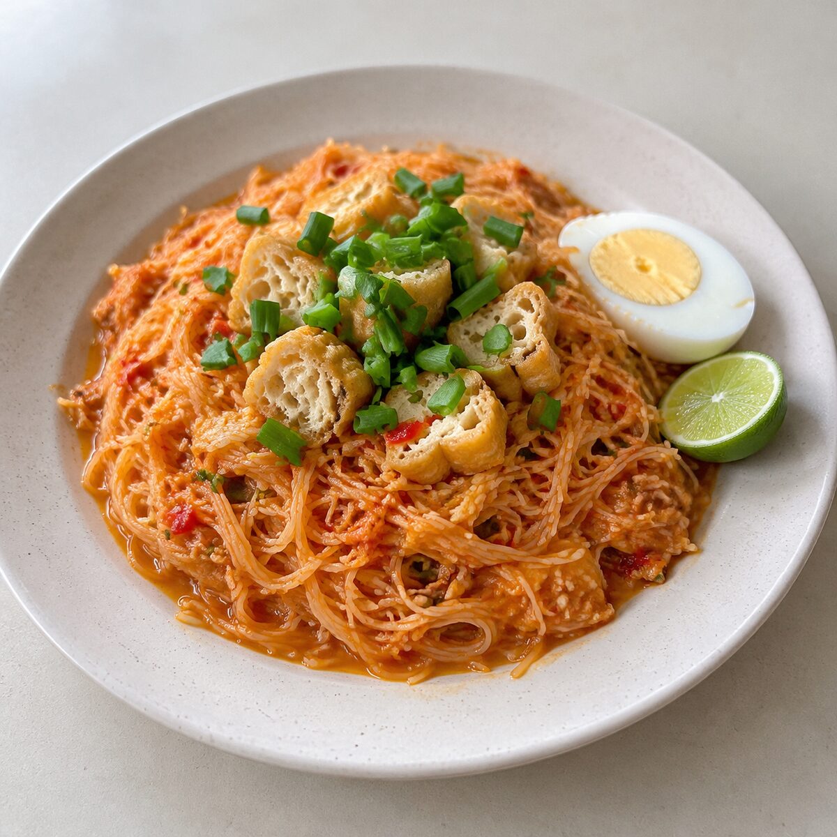 Mee siam: rice vermicelli in tangy gravy with tau pok, chives, boiled egg and lime