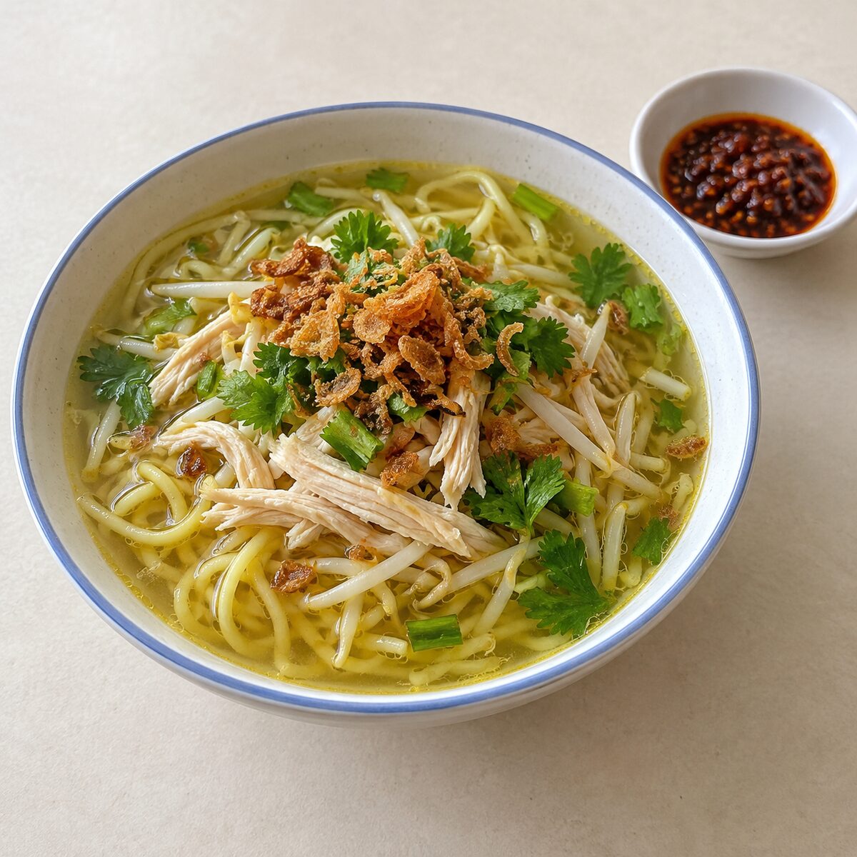Mee soto: yellow noodles in clear chicken broth with shredded chicken and chilli sauce